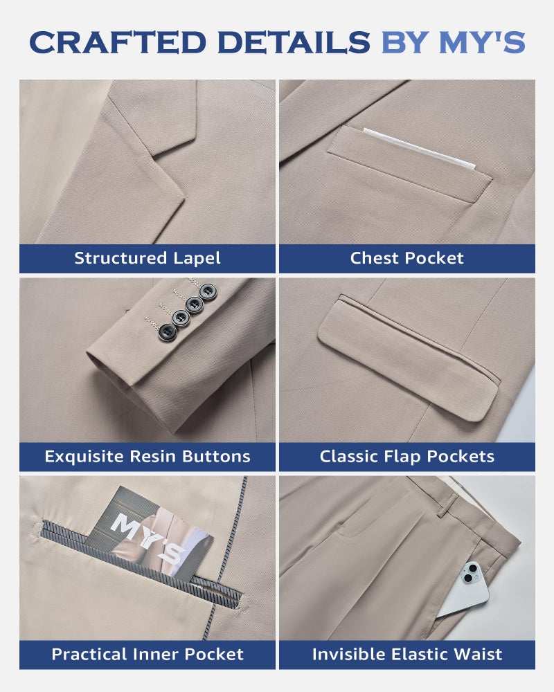 MYS Men's Blazer Vest Pants Set, Solid Party Wedding Dress, One Button Jacket Waistcoat and Trousers, 3 Piece Slim Fit Suit with Tie Khaki - Image 3